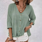 Estelle Wyndbourne | Sage Green V-Neck Button-Up Blouse