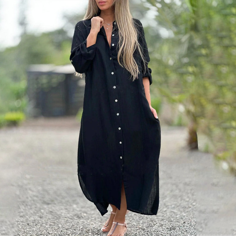 Séraphine Montvalois | White Linen Maxi Shirt Dress with Button-Down Front