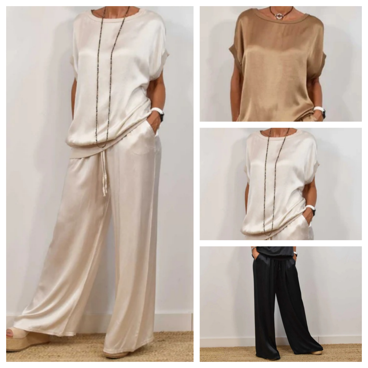 Elara Vossmont | Satin Wide-Leg Two-Piece Set in Cream