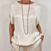 Elara Vossmont | Satin Wide-Leg Two-Piece Set in Cream
