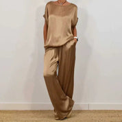 Elara Vossmont | Satin Wide-Leg Two-Piece Set in Cream