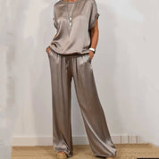 Elara Vossmont | Satin Wide-Leg Two-Piece Set in Cream