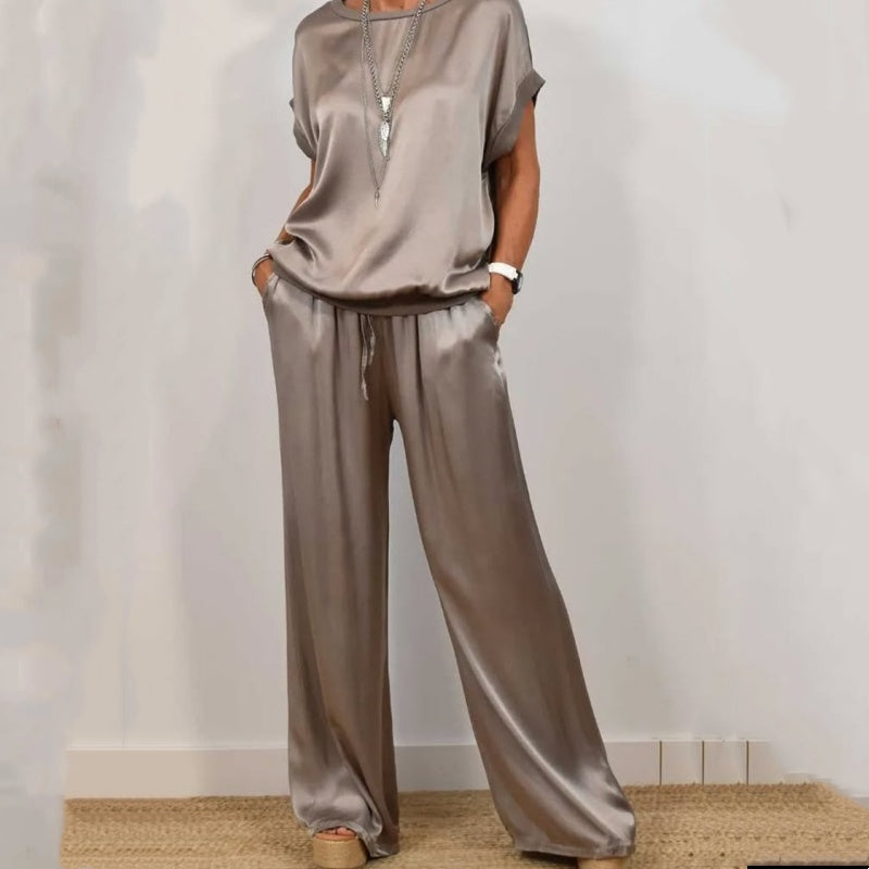 Elara Vossmont | Satin Wide-Leg Two-Piece Set in Cream