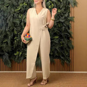 Evangeline Rosemont | Coral Wrap V-Neck Sleeveless Wide Leg Jumpsuit