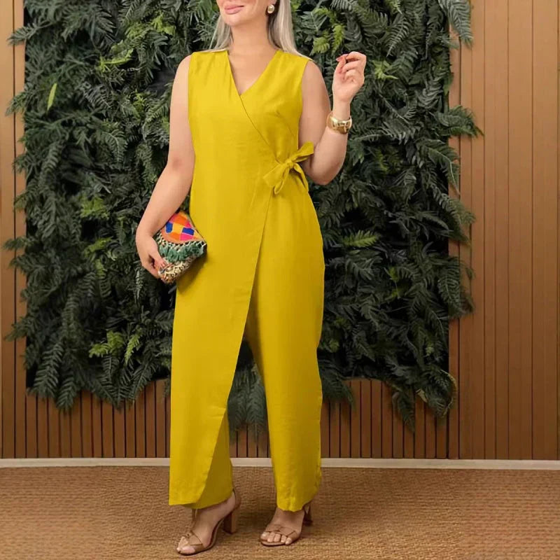 Evangeline Rosemont | Coral Wrap V-Neck Sleeveless Wide Leg Jumpsuit