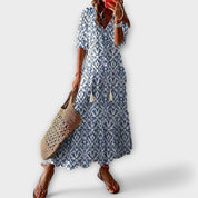 Oriana Blackwell | Blue Ikat Print Boho Maxi Dress
