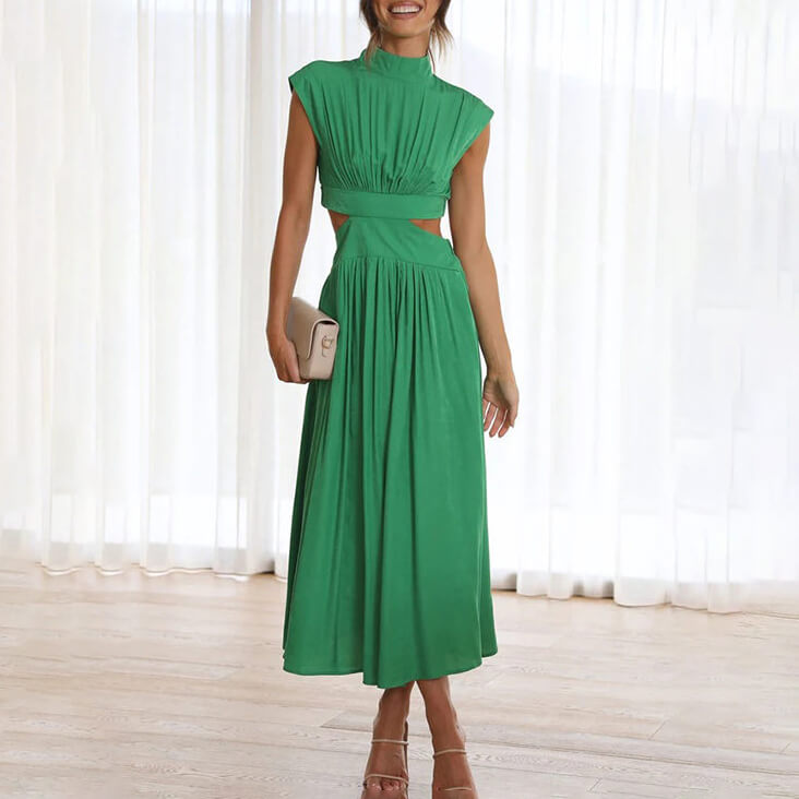 Coralie Whitmore | Green Cut-Out Midi Dress with Mock Neck