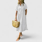 Marisol Cleverton | Blue Striped Linen Midi Shirt Dress