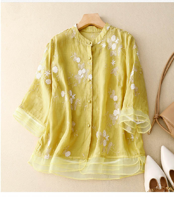Florentine Wycliffe | Sage Green Floral Embroidered Blouse with 3/4 Sleeves