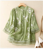 Florentine Wycliffe | Sage Green Floral Embroidered Blouse with 3/4 Sleeves