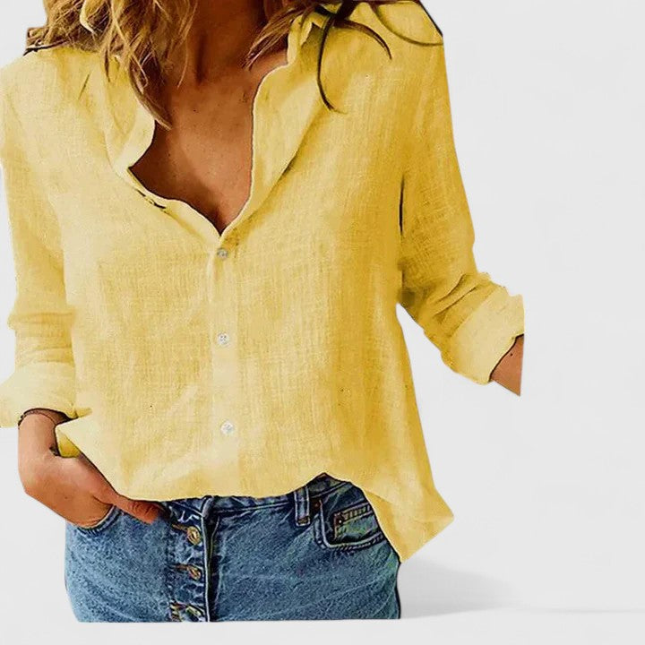 Corinna Ashvale | Women's Navy Linen Button-Down Shirt with Lapel Collar