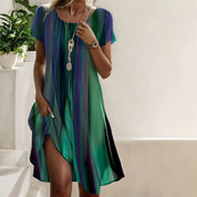 Rosanna Bellcourt | Green Striped Short Sleeve Midi Dress