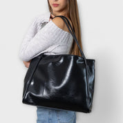 Celeste Vanthorpe | Black Faux Leather Oversized Tote Bag