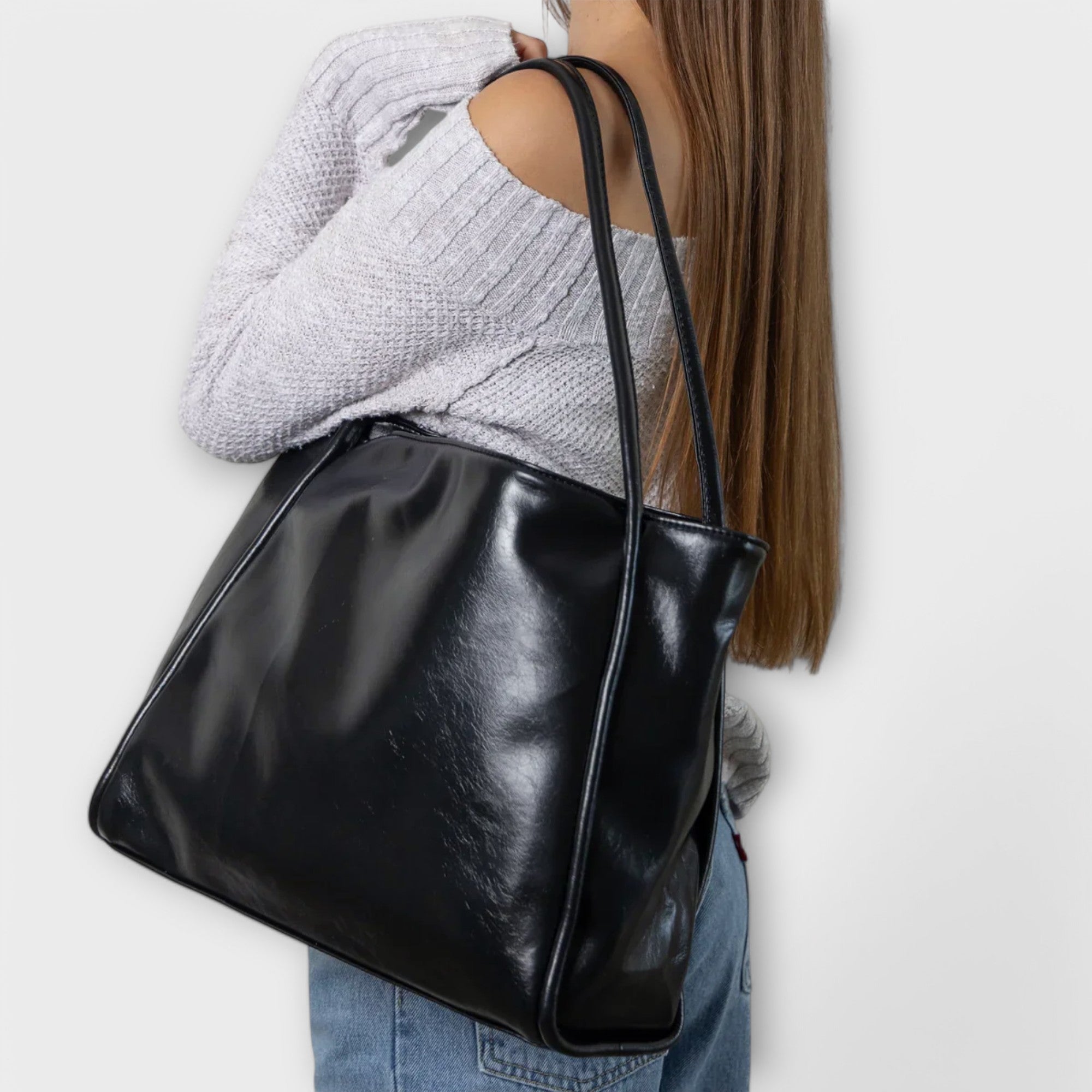 Celeste Vanthorpe | Black Faux Leather Oversized Tote Bag