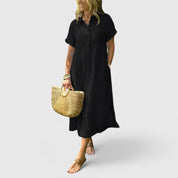 Marisol Cleverton | Blue Striped Linen Midi Shirt Dress