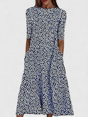Celeste Wyndmore | Blue Floral Print Midi Dress with Short Sleeves